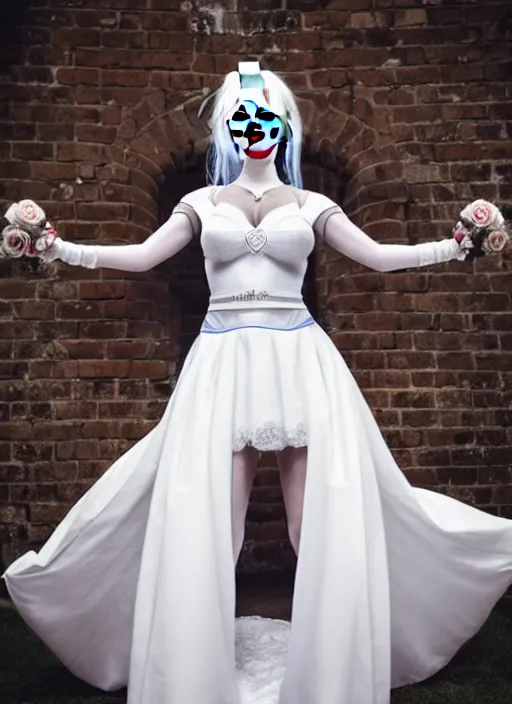 Image similar to funny photo of harley quinn in a white wedding dress, symmetry, awesome exposition, very detailed, highly accurate, intricate, professional lighting diffracted lightrays, 8 k, sense of awe