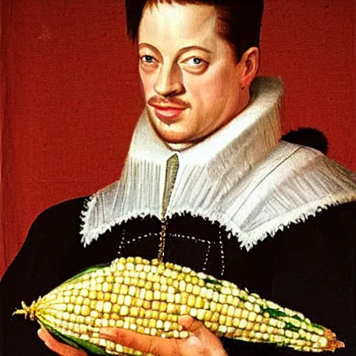 Image similar to a 1 6 0 0 s portrait painting of brendan fraser holding corn, intricate, elegant, highly detailed