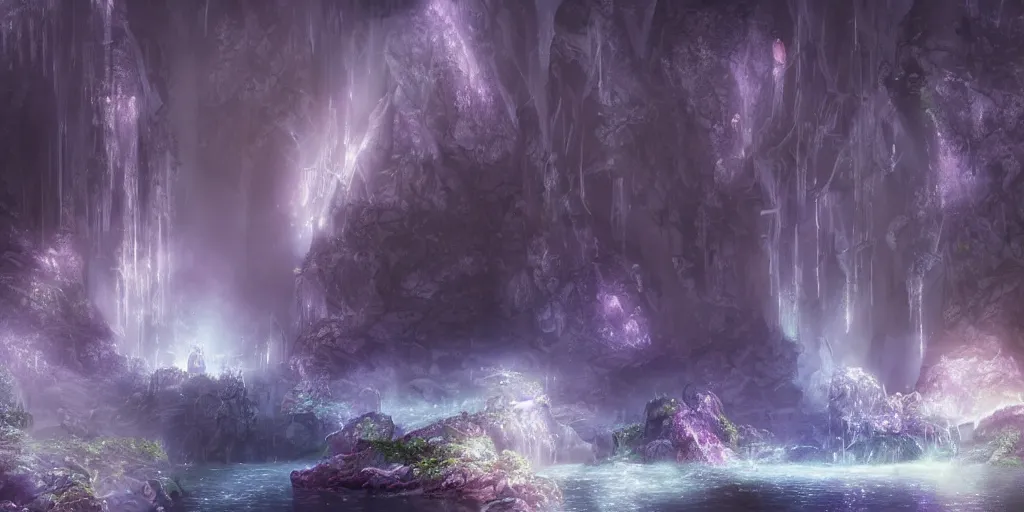 Prompt: ruby, sapphire, celestine, moonstone, amethyst, garnet, emerald and pearl in the river, concept art, fantasy, gothic cathedral, light through the mist, dramatic lighting, photorealistic, cinematic lighting, high detail, cinematic feel, high octane, 4K, Unreal Engine, digital render, intricate, ultra realistic, crepuscular ray, low angle, superwide shot, lunapunk