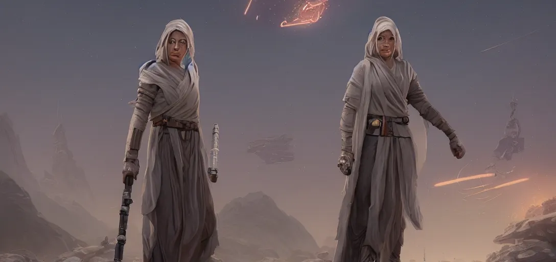 Image similar to character sheet concept art of female jedi, realistic, hyper realistic, photographic, costume, by beeple, wlop, dan mumford, greg rutkowski, matte, high detail, octane render, 8 k, intricate