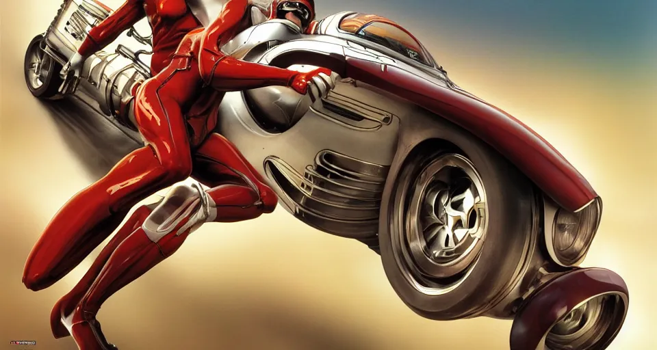 Image similar to Speed Racer Designed By Moebius Yasushi Nirasawa and HR Giger, full body action pose, hyperrealistic, octane render, HDR, volumetric lighting,