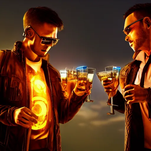 Prompt: two men toast while waiting for the end of the world in a burning cyberpunk city, realistic, high definition, 4K, shimmering color, symmetrical face, realistic face, hyper detailed, art of unreal ingine 5