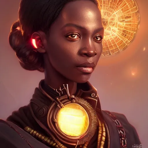 Image similar to african steampunk alchemist, science fiction, highly detailed, digital painting, beautiful eyes, symmetry, concept art, sharp focus, illustration, global illumination, radiant light, detailed and intricate environment, art by artgerm and greg rutkowski and magali villeneuve and ilya kuvshinov!