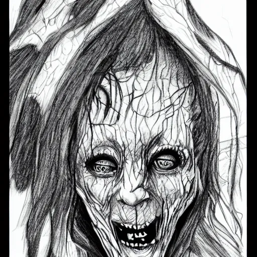 Image similar to a scary horror themed aunt, drawn with charcoal and pen and ink, half-tone-line-stacking