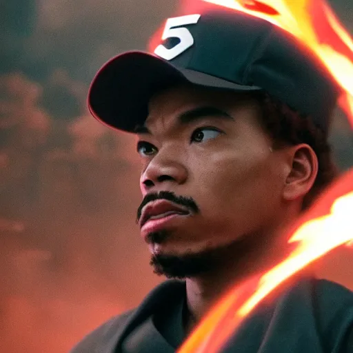 Image similar to cinematic film still of Chance The Rapper starring as a Samurai holding fire, close up, Japanese CGI, VFX, 2022, 40mm lens, shallow depth of field, film photography