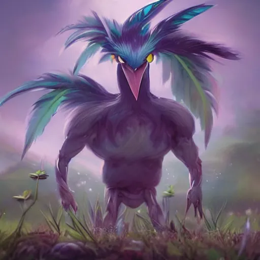 Image similar to a cute beautiful plant type pokemon with happy smile, green feathers bursting out of his hair, full body portrait, highly detailed digital art, 3 d perspective, award - winning illustration, aesthetic, smooth, pokemon style, made by greg rutkowski, with an alien landscape in the background