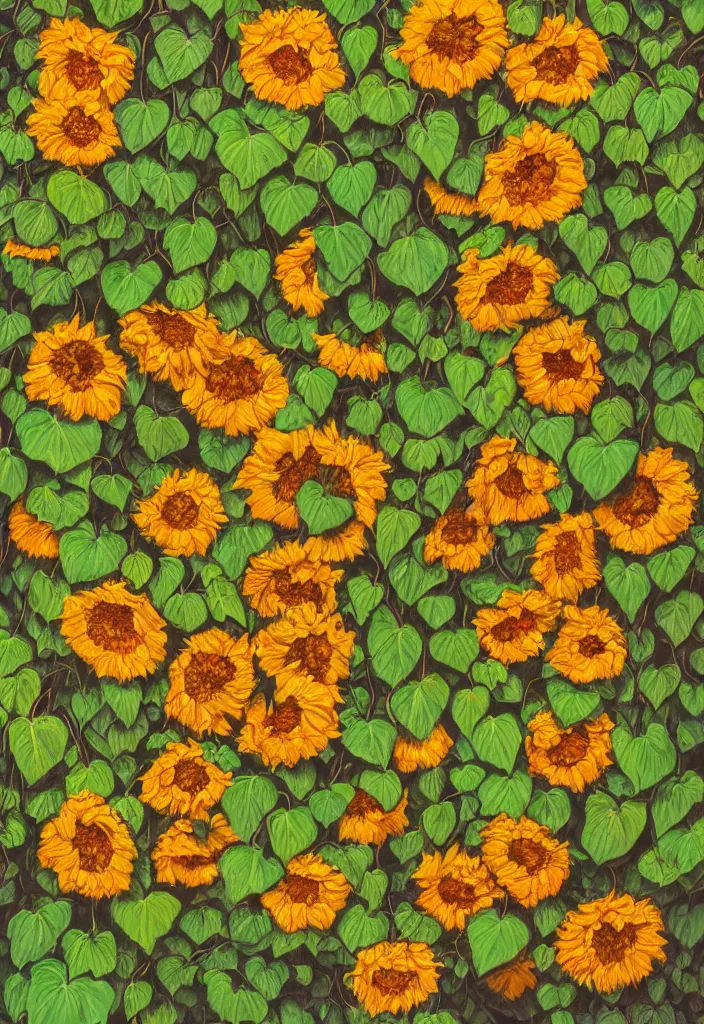 Prompt: award winning hyperrealistic artwork about entangled sunflowers and falling nasturtiums with vines on a wooden fence in the sky, high definition, fine details, closeup, macro