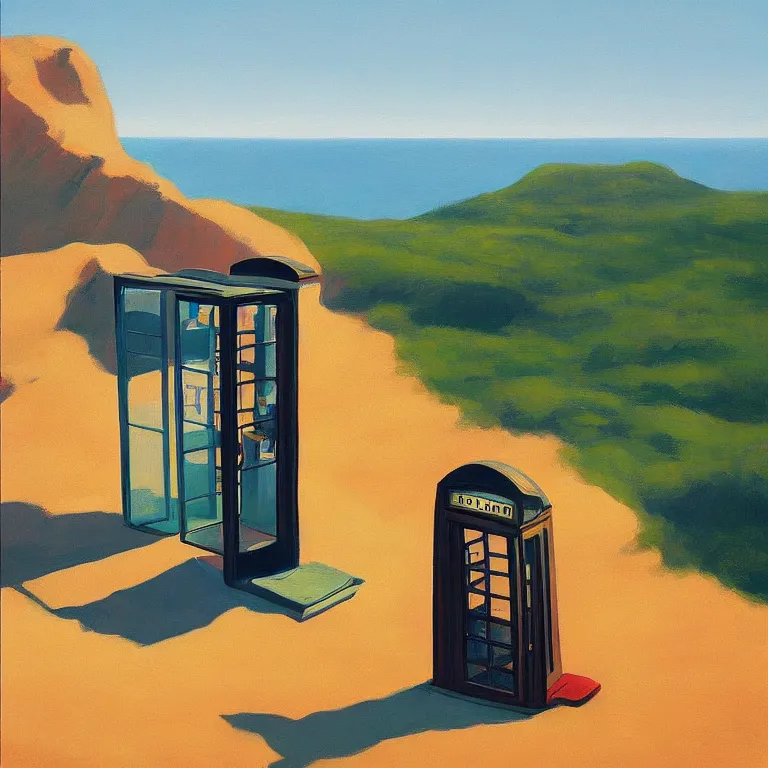 Image similar to phonebooth on a cliff, painted by Edward Hopper, painted by James Gilleard, airbrush