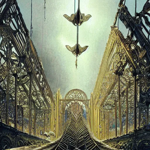 Image similar to ornate by ted nasmith children's illustration. a beautiful kinetic sculpture. i was born in a house with a million rooms, built on a small, airless world on the edge of an empire of light & commerce.