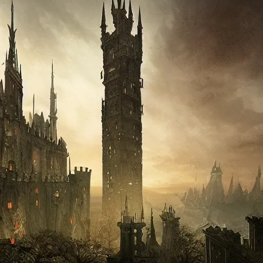 Image similar to a lonely and impossibly tall ominous gothic dark citadel tower of the evil patriarch, battlements, castle wall, portcullis, in a river elevated high above the city, flintlock fantasy capital city, scary gothic architecture, ultrawide lense, aerial photography, unreal engine, exquisite detail, 8 k, art by greg rutkowski and alphonse mucha