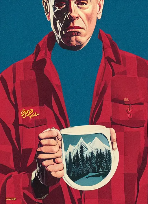 Image similar to Twin Peaks poster artwork by Michael Whelan and Bob Larkin, of portrait of Joe Rogan in red flannel, from scene from Twin Peaks, clean, simple illustration, nostalgic, domestic