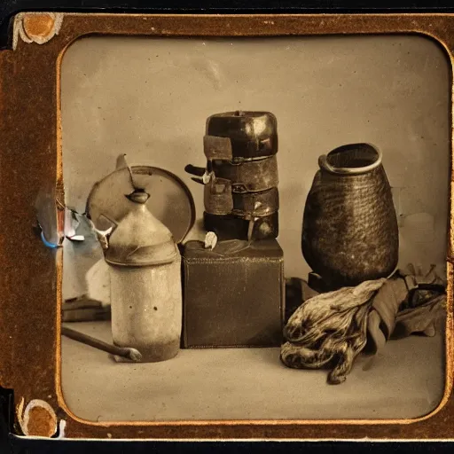 Prompt: Tintype photograph of primitive objects and a ready-made displayed in an ethnographic museum, archive material, anthropology, 1920s studio lighting.