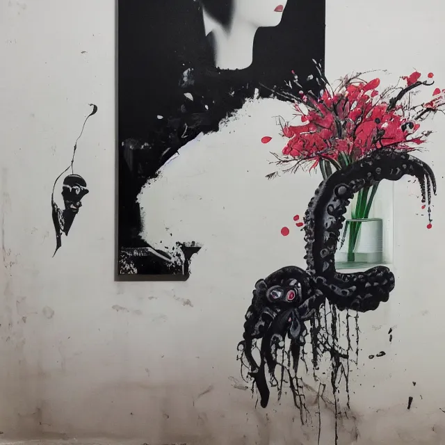 Image similar to empty room with black walls, sensual portrait of a woman sleeping, japanese vase, old flowers, puddle of water, octopus, squashed berries, neo - expressionism, surrealism, acrylic and spray paint and oilstick on canvas