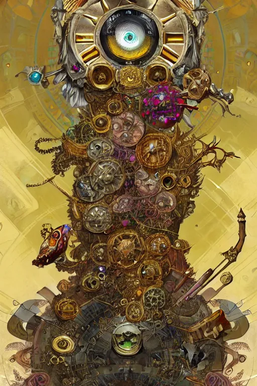 Prompt: detailed armour of multicolored jewels with gold bugs and beetles , huge mechanical clocks, gold plated vegetation, intricate details, realistic shaded , steampunk, cyberpunk, highly detailed, artstation, illustration by alphonse mucha and Greg Rutkowski, art nouveau