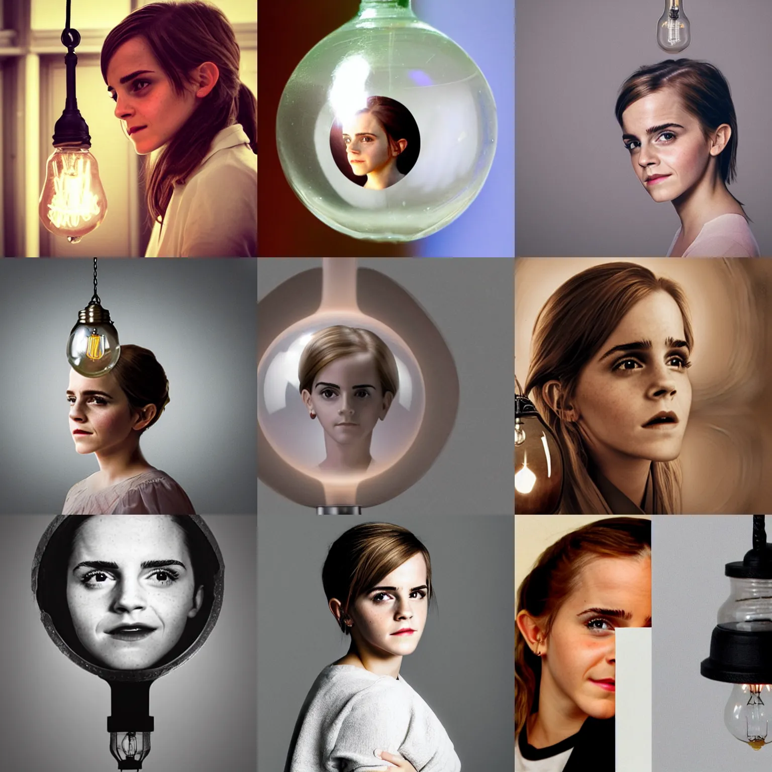 Prompt: a tiny emma watson head trapped inside a light bulb