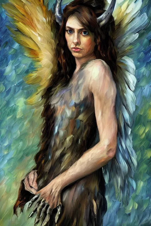 Prompt: palette knife oil painting portrait of a harpy angel girl, feathered long hair, talons, claws, horns, bones,, extreme detail, style by leonid afremov and degas, artstation trending, artgerm, deviant art, octane, substance, art history 8 k, green brown and grey earth tones palette