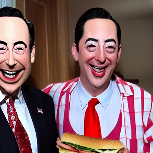 Image similar to Peewee Herman and Donald Trump eating a sandwich, smiling huge