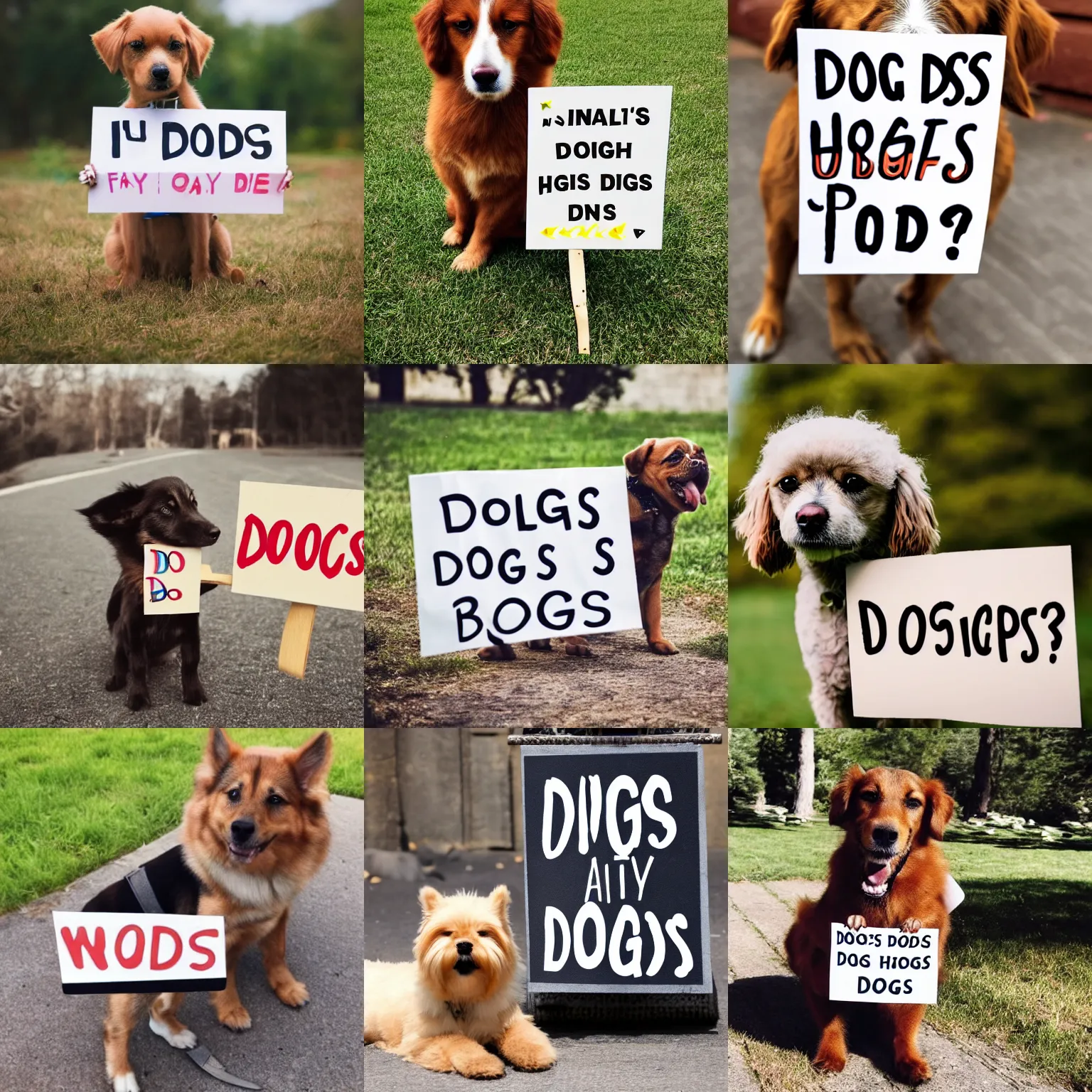 Image similar to realistic high quality photo of a cute dog holding a sign with text that reads : dogs