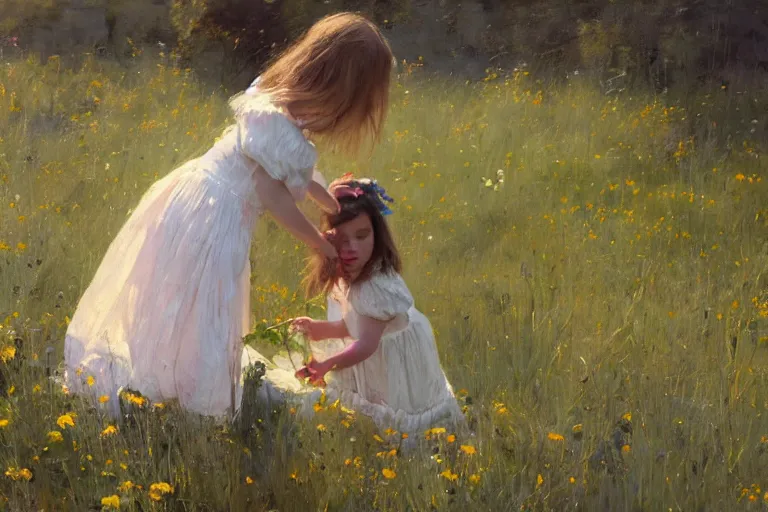 Prompt: little girl in summer dress, plucking wild flowers, sunlight, jeremy lipking, joseph todorovitch