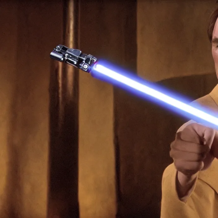 Image similar to quentin tarantino raising a lightsaber, giving thumbs up. without characters. black background. cinematic trailer format.