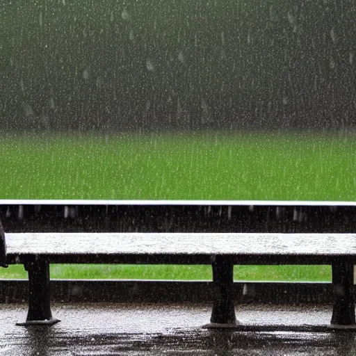 Prompt: images of benches in the rain, facing at the camera, 1 6 k resolution, raining