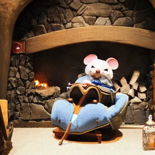 Prompt: studio ghibli mouse dressed in medieval clothing sitting is a big blue armchair, warm lighting, sitting by a small fireplace