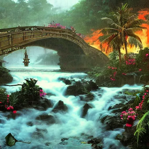 Image similar to tropical island, ornate, beautiful, atmosphere, vibe, mist, smoke, fire, chimney, rain, wet, pristine, puddles, melting, dripping, snow, creek, lush, ice, bridge, forest, roses, flowers, by stanley artgerm lau, greg rutkowski, thomas kindkade, alphonse mucha, loish, norman rockwell