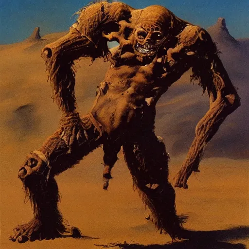 Prompt: rampaging flesh golem in a desert with bones scattered in the sand, wide scene, art by frank frazetta