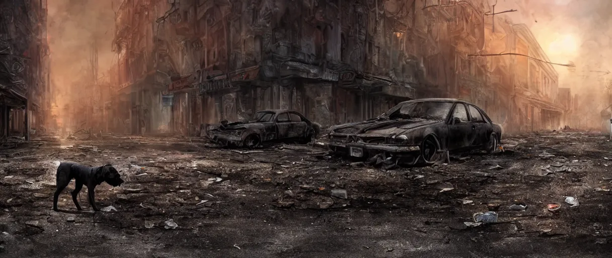 Prompt: A beautiful hyper realistic ultra detailed matte painting of a close-up front view of scruffy black hound standing in the middle of a city street at night in an abandoned post-apocalyptic city, abandoned cars on fire, crumbling buildings, unreal engine, deviant art, flickr, artstation, octane render, textured, colorful, extreme realistic detail, physically based rendering, pbr render, very detailed, volumetric lighting, octane render, 4k, cinematic, 8k resolution,