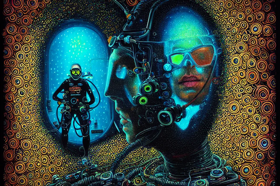 Prompt: detailed portrait of a cyberpunk scuba diver inside a dmt portal by james r eads and tomasz alen kopera