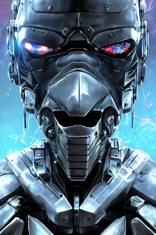 Image similar to cyber cyborg ninja mask helmet metal gear solid artic suit swat commando, global illumination ray tracing hdr fanart arstation by sung choi and eric pfeiffer and gabriel garza and casper konefal, a spectacular view cinematic rays of sunlight comic book illustration, by john kirby