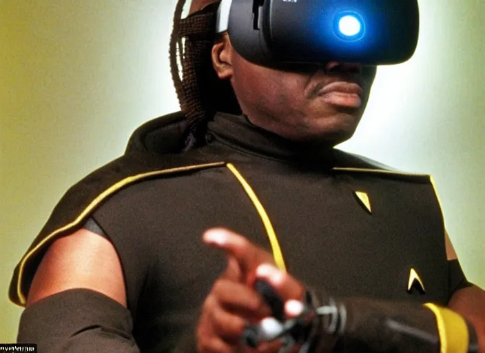 Prompt: geordi la forge wearing a vr headset fighting scorpion from mortal kombat, action shot, star trek the next generation