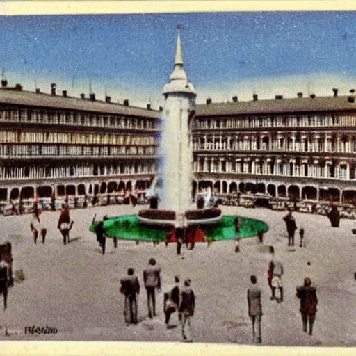 Prompt: coloured postcard of the fountain at la plaza mayor de madrid in 1 9 2 7 ; bromide real photo card with some additional hand - colouring