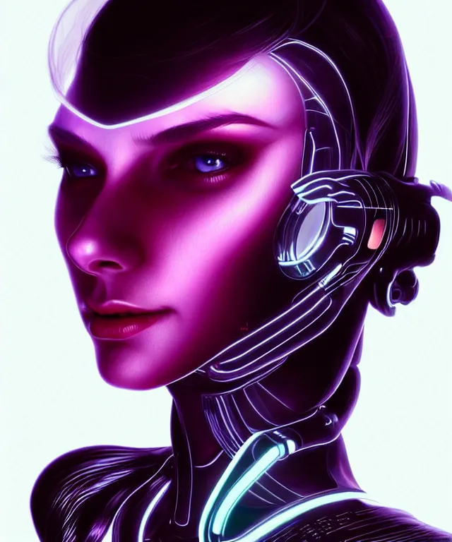 Prompt: Supermodel woman turning into an Android portrait, dark surrealism , scifi, intricate, elegant, sharp eyebrows, dark hair, highly detailed cybernetic body, neon glowing eyes, digital painting, artstation, concept art, smooth, sharp focus, illustration, art by artgerm and moebius and alphonse mucha