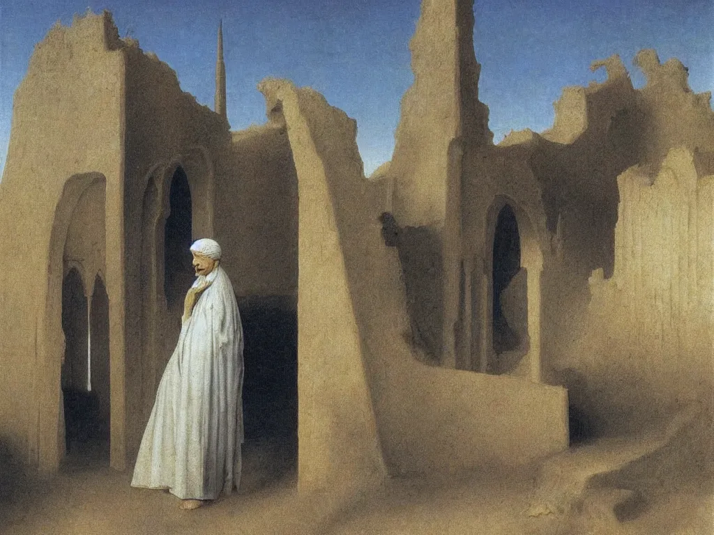 Prompt: albino mystic, with his back turned, looking in the distance at a ruins of a mosque in the sand desert. Painting by Jan van Eyck, Caspar David Friedrich, Rene Magritte, Agnes Pelton, Max Ernst, Walton Ford