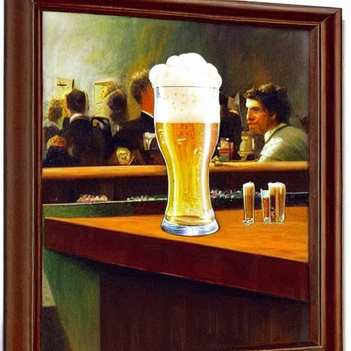 Prompt: A pint of beer sitting on a bar, Johfra Bosschart