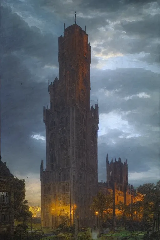 Image similar to view of the old tower and its gardens after a storm, tall windows lit up, beautiful ornamental architecture, dramatic cinematic lighting, rich colors, by Caspar David Friedrich and Diego Rivera, smooth, sharp focus, extremely detailed, featured on artstation