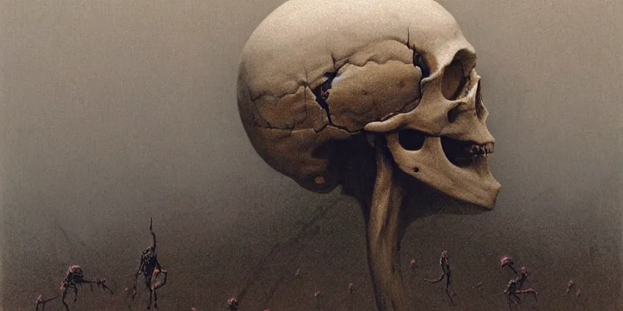 Prompt: painting of a dead soldier's skull wearing a helmet, tiny insects crawling out of the crevices of the human skull, Zdzislaw Beksinski, Wayne Barlowe, Joe Fenton, gothic, cosmic horror, biomorphic, amazing details, dystopian, surrealism, cold hue's, warm tone gradient background