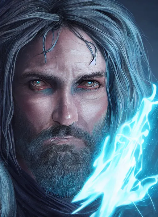 Image similar to An epic fantastic realism comic book style portrait painting of arrogant aasimar hexblade warlock, teal electricity, male, shaggy silver hair, short beard, dark gray cloak, 4k, 8k, Apex Legends Concept Art, D&D Concept Art, unreal 5, DAZ, hyperrealistic, octane render, cosplay, RPG portrait, dynamic lighting