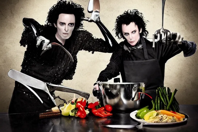 Prompt: cooking with edward scissorhands, cooking show, television, 4k