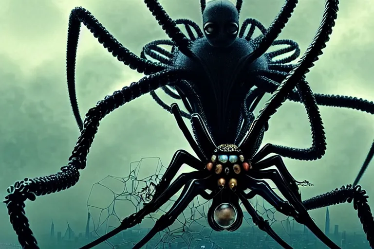 Image similar to realistic detailed photorealistic closeup portrait movie shot of a beautiful black woman riding a giant spider, dystopian city landscape background by denis villeneuve, amano, yves tanguy, alphonse mucha, ernst haeckel, edward robert hughes, roger dean, cyber necklace, rich moody colours, sci fi patterns, wide angle