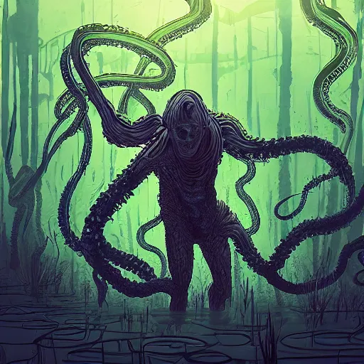 Image similar to “ sci fi photo of a man being grabbed by tentacles rising out of a swamp on an alien planet. 8 k, digital art, illustrative, cinematic, poorly lit. ”