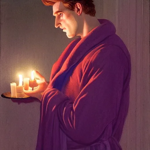 Prompt: daek gloomy shadows on the walls candle lighting, young beautiful man with reddish hair in lilac dressing gown holds a candle at night, creepy shadows crawling on the walls, highly detailed, digital art, Renaissance painting, by Leyendecker, by Rutkowsky,