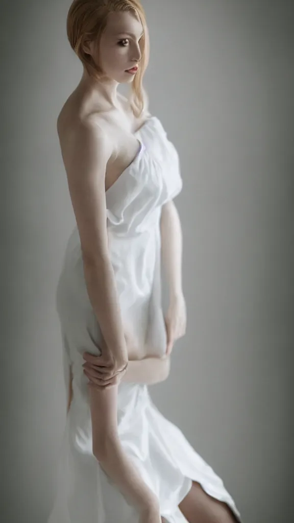 Prompt: an extremely beautiful studio shot of emily skinner, looking like annie leonhart, wearing heels and white dress, in a white room, pale skin, bokeh, very very very very beautiful!!, hard focus, sexy pose, full body shot, 9 0 mm, f / 1. 2 5