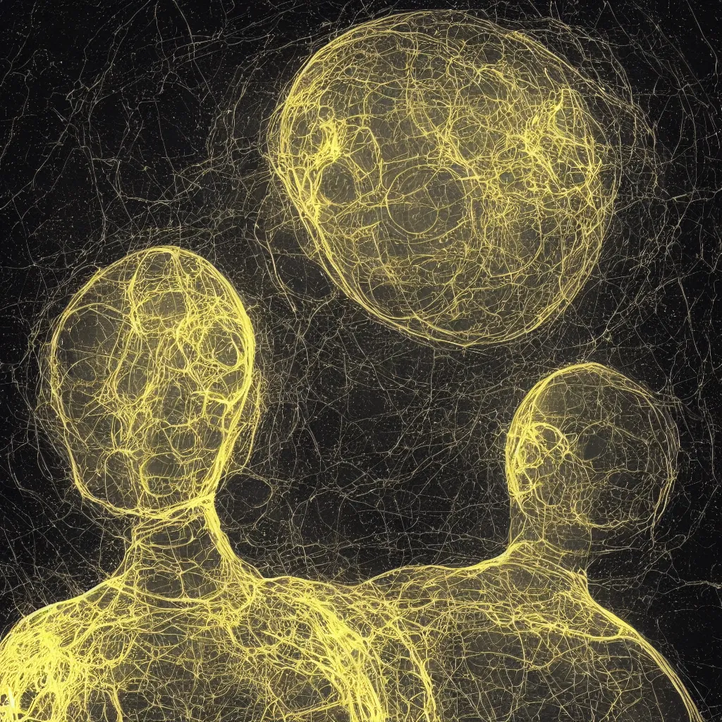 Prompt: “the last human being uploaded to the cloud sitting in a spherical white chamber with the surfaces glowing in gold with consciousness, highly detailed in 4K”