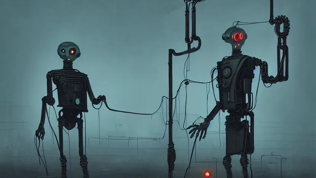 Image similar to realistic human android character, the puppeteer with long needle fingers, dark industrial background, simon stalenhag, featured on artstation, cinematic, elegant, intricate