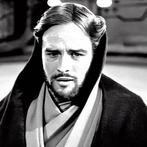 Prompt: film still of Marlon Brando as Obi Wan Kenobi in Star Wars 1977