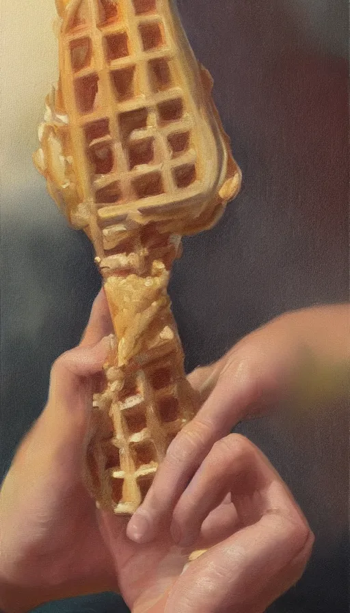 Image similar to still-life painting of hand holding a waffle cone (containing scoops of gelato) by Krøyer, lush garden in the background, golden hour, dramatic lighting, volumetric lighting, intricate detail, canvas print