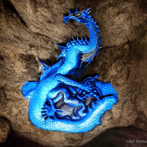 Image similar to Dragon sleeping in a deep, dark cave made of blue crystal.