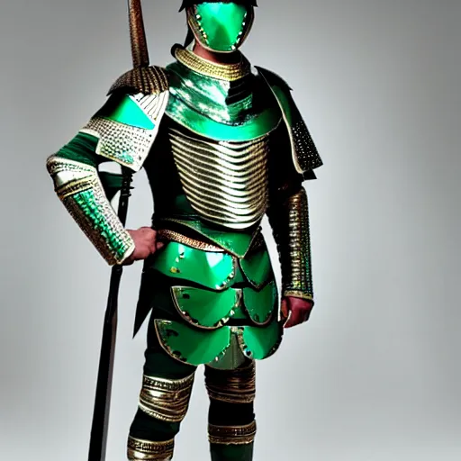 Image similar to photo of a real-life beautiful warrior with malachite armour